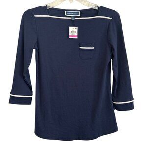 Karen Scott Petite Navy Blue 3/4 Sleeve Top With White Trim & Pocket Detail